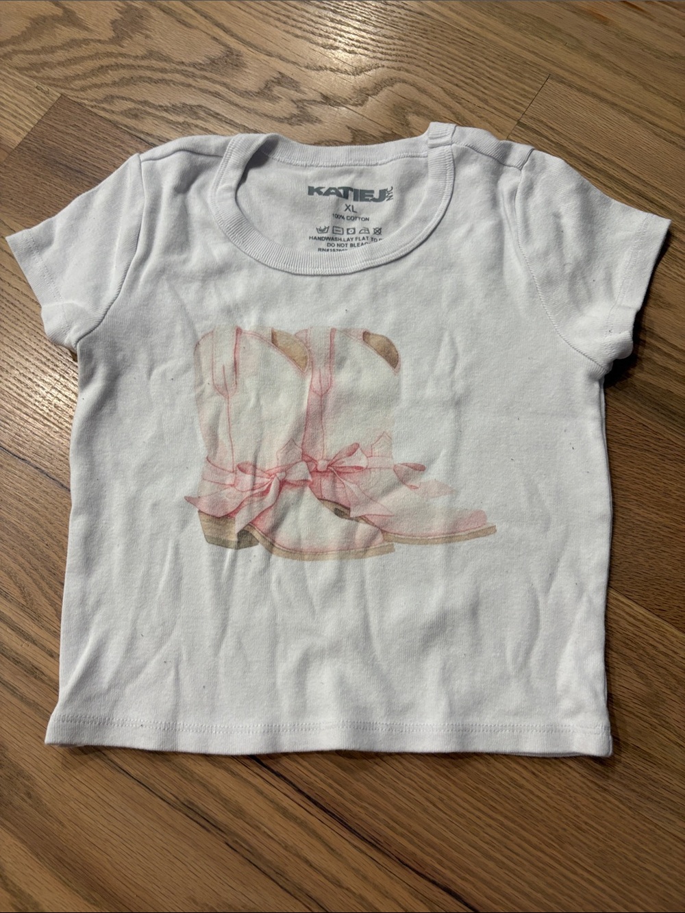Katie J NYC White Short Sleeve Tee with Pink Bow Boot Graphic
